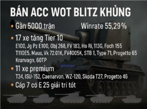 Bán Acc World of Tanks Blitz Khủng – 11 Xe Premium, 17 Xe Tăng Tier 10, Winrate 55.29%, Gần 5000 Trận
